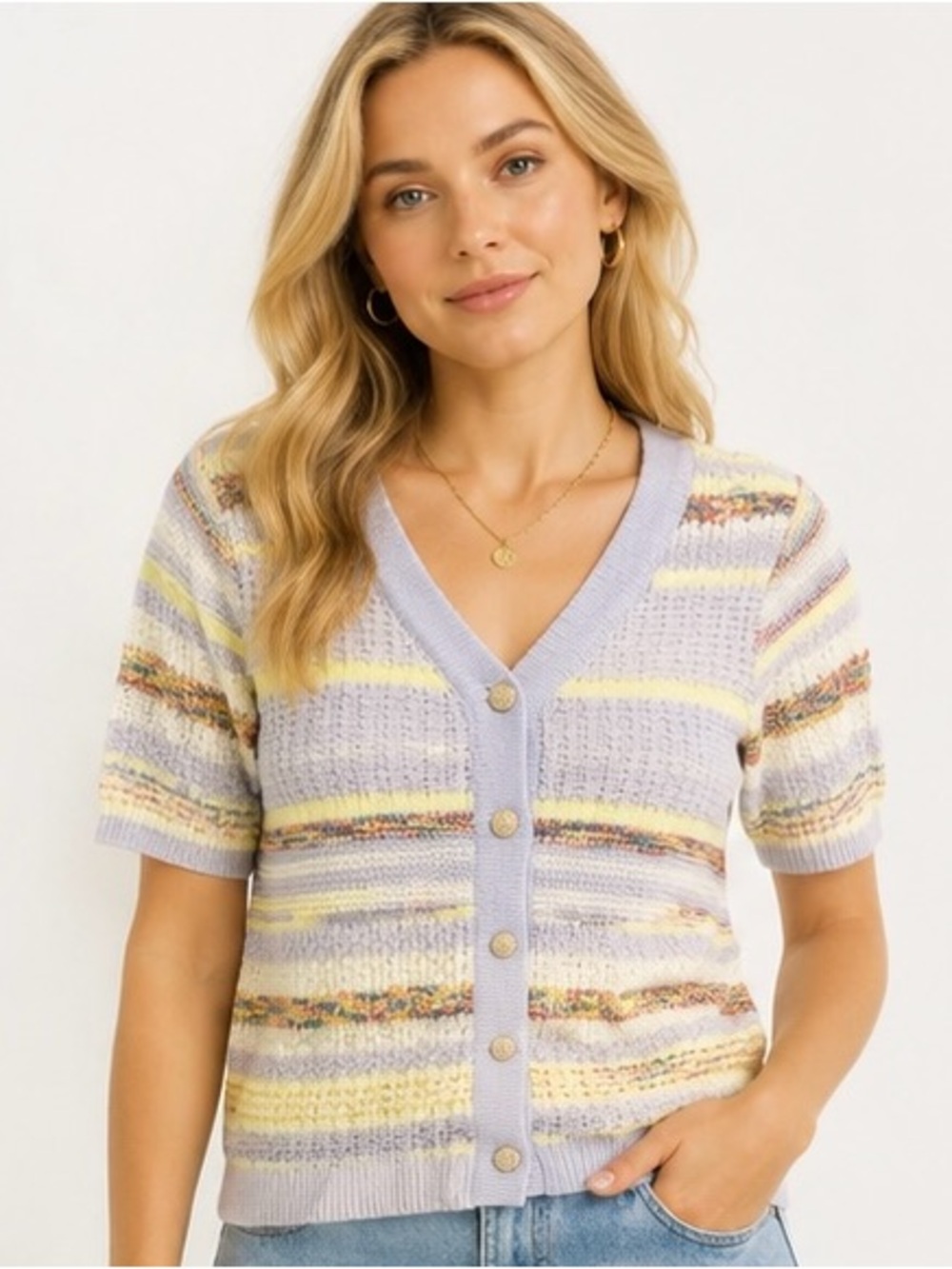 Alicedudu Pastel Stripe Knit Cardigan Sweater | Size Small | Gold Button Front